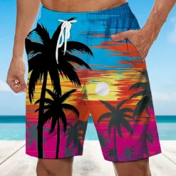 Discount OUKU Men's Coconut Tree Sunset Board Shorts Swim Shorts Swim Trunks Mid Waist Hawaiian Boho Holiday Beach Drawstring with Mesh lining Elastic Waist Designer Clothing Apparel