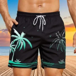 Discount OUKU Men's Coconut Tree Sunset Board Shorts Swim Shorts Swim Trunks Mid Waist Hawaiian Boho Holiday Beach Drawstring with Mesh lining Elastic Waist Designer Clothing Apparel