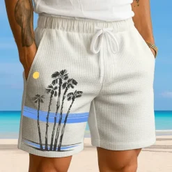 New OUKU Men's Coconut Tree Tropical Plants Waffle Shorts Sweat Shorts Casual Shorts Mid Waist Fashion Casual Vacation Jogging Workout Elastic Drawstring Waist Shorts with Pockets Designer Clothing Apparel