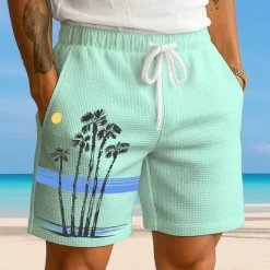 New OUKU Men's Coconut Tree Tropical Plants Waffle Shorts Sweat Shorts Casual Shorts Mid Waist Fashion Casual Vacation Jogging Workout Elastic Drawstring Waist Shorts with Pockets Designer Clothing Apparel