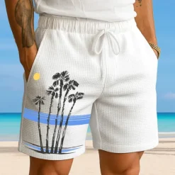 New OUKU Men's Coconut Tree Tropical Plants Waffle Shorts Sweat Shorts Casual Shorts Mid Waist Fashion Casual Vacation Jogging Workout Elastic Drawstring Waist Shorts with Pockets Designer Clothing Apparel