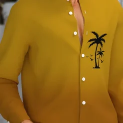 Online OUKU Men's Coconut Tree Tropical Plants Shirt Summer Hawaiian Shirt Collarless Shirt Long Sleeve Hawaiian Resort Vacation Casual Holiday Summer Spring Standing Collar 3D Print Button Down Shirts Yellow