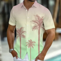 New OUKU Men's Coconut Tree Tropical Plants Shirt Summer Hawaiian Shirt Button Up Shirt Short Sleeve Hawaiian Vacation Holiday Beach Wear Summer Spring Turndown 3D Print Collared Shirts Light Green Light