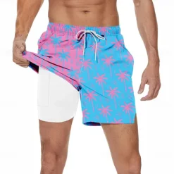 Outlet OUKU Men's Coconut Tree Tropical Plants Lined Shorts Swim Shorts Board Shorts Mid Waist Hawaiian Vacation Holiday Beach Wear Side Pockets With Compression Liner Elastic Drawstring Waist Designer Clothing Blue