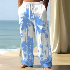OUKU Men's Coconut Tree Tropical Plants Trousers Baggy Pants Casual Pants Mid Waist Hawaiian Vacation Holiday Beach Wear Elastic Waist Wide Leg Drawstring Summer Spring 3D Print Black Blue Green