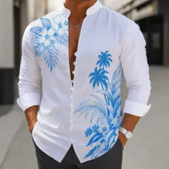 Sale OUKU Men's Coconut Tree Tropical Plants Shirt Aloha Shirt Stand Collar Shirt Long Sleeve Hawaiian Vacation Daily Wear Going out Spring Fall Mandarin Collar Band Collar Button-Down Linen Like Shirt Blue