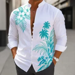 Sale OUKU Men's Coconut Tree Tropical Plants Shirt Aloha Shirt Stand Collar Shirt Long Sleeve Hawaiian Vacation Daily Wear Going out Spring Fall Mandarin Collar Band Collar Button-Down Linen Like Shirt Blue