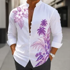 Sale OUKU Men's Coconut Tree Tropical Plants Shirt Aloha Shirt Stand Collar Shirt Long Sleeve Hawaiian Vacation Daily Wear Going out Spring Fall Mandarin Collar Band Collar Button-Down Linen Like Shirt Blue