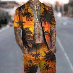 Clearance OUKU Men's Coconut Tree Tropical Plants 2pcs Shirts Sets Summer Hawaiian Shirt Short Sleeve Short Pants Cuban Collar Tropical Fashion Hawaiian Street Casual Hawaiian Print Summer Spring Green / Black
