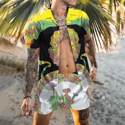Clearance OUKU Men's Coconut Tree Tropical Plants 2pcs Shirts Sets Summer Hawaiian Shirt Short Sleeve Short Pants Cuban Collar Tropical Fashion Hawaiian Street Casual Hawaiian Print Summer Spring Green / Black