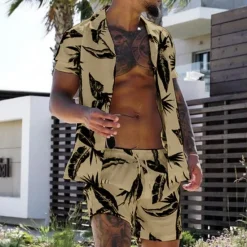 Clearance OUKU Men's Coconut Tree Tropical Plants 2pcs Shirts Sets Summer Hawaiian Shirt Short Sleeve Short Pants Cuban Collar Tropical Fashion Hawaiian Street Casual Hawaiian Print Summer Spring Green / Black