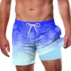 Outlet OUKU Men's Coconut Tree Tropical Plants Lined Shorts 2 in 1 Board Shorts Swim Shorts Mid Waist Hawaiian Vacation Beach Wear Side Pockets With Compression Liner Elastic Drawstring Waist Designer Clothing