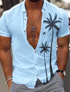 Discount OUKU Men's Coconut Tree Tropical Plants Summer Hawaiian Shirt Aloha Shirt Short Sleeve Shirt Turndown Fashion Comfortable Vacation Casual Daily White Blue Khaki S M L