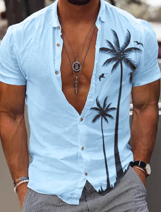 Discount OUKU Men's Coconut Tree Tropical Plants Summer Hawaiian Shirt Aloha Shirt Short Sleeve Shirt Turndown Fashion Comfortable Vacation Casual Daily White Blue Khaki S M L