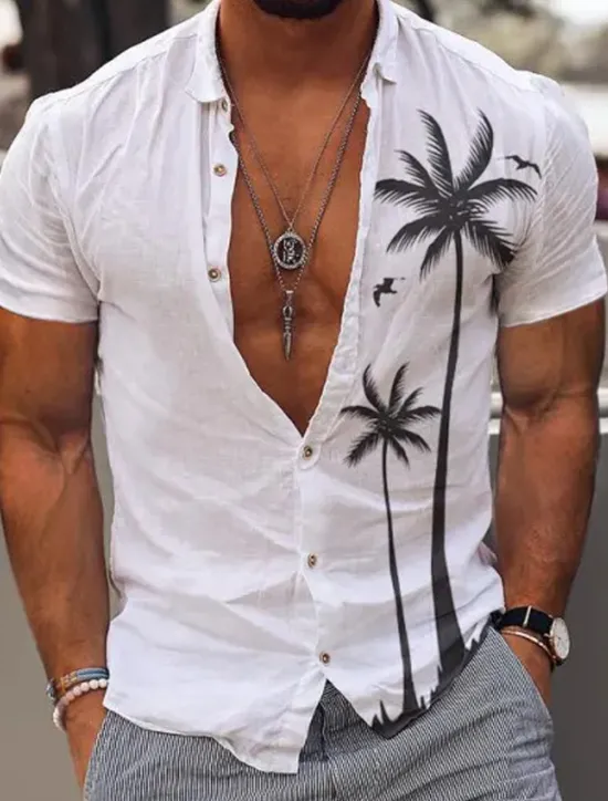Discount OUKU Men's Coconut Tree Tropical Plants Summer Hawaiian Shirt Aloha Shirt Short Sleeve Shirt Turndown Fashion Comfortable Vacation Casual Daily White Blue Khaki S M L