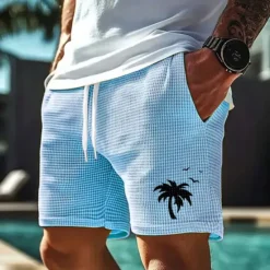 Outlet OUKU Men's Coconut Tree Tropical Plants Waffle Shorts Sweat Shorts Casual Shorts Mid Waist Fashion Casual Vacation Jogging Workout Elastic Drawstring Waist Shorts with Pockets Designer Clothing Apparel