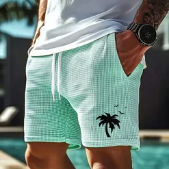 Outlet OUKU Men's Coconut Tree Tropical Plants Waffle Shorts Sweat Shorts Casual Shorts Mid Waist Fashion Casual Vacation Jogging Workout Elastic Drawstring Waist Shorts with Pockets Designer Clothing Apparel