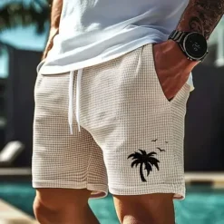 Outlet OUKU Men's Coconut Tree Tropical Plants Waffle Shorts Sweat Shorts Casual Shorts Mid Waist Fashion Casual Vacation Jogging Workout Elastic Drawstring Waist Shorts with Pockets Designer Clothing Apparel
