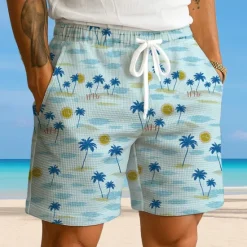 New OUKU Men's Coconut Tree Tropical Plants Waffle Shorts Sweat Shorts Casual Shorts Mid Waist Hawaiian Vacation Jogging Workout Elastic Drawstring Waist Shorts with Pockets Designer Clothing Apparel