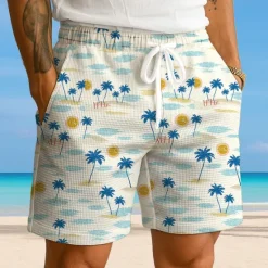 New OUKU Men's Coconut Tree Tropical Plants Waffle Shorts Sweat Shorts Casual Shorts Mid Waist Hawaiian Vacation Jogging Workout Elastic Drawstring Waist Shorts with Pockets Designer Clothing Apparel