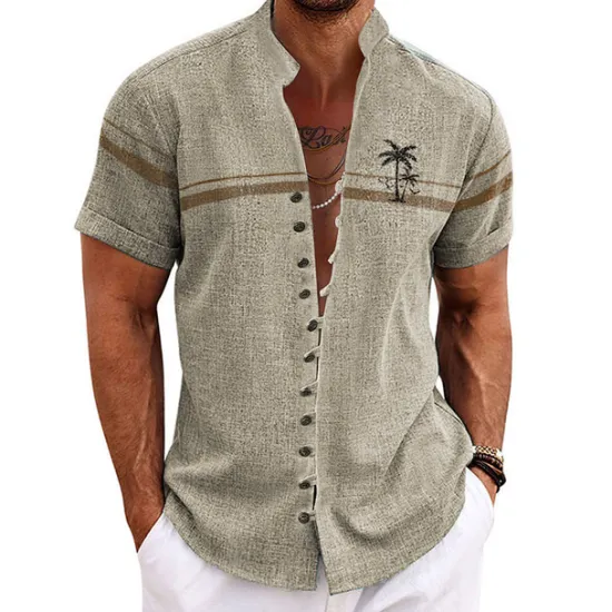 OUKU Men's Coconut Tree Tropical Plants Shirt Summer Hawaiian Shirt Aloha Shirt Short Sleeve Shirt Stand Collar Fashion Streetwear Designer Outdoor Vacation Street Blue Purple Green S M L