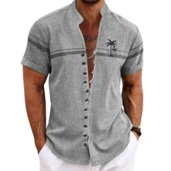 OUKU Men's Coconut Tree Tropical Plants Shirt Summer Hawaiian Shirt Aloha Shirt Short Sleeve Shirt Stand Collar Fashion Streetwear Designer Outdoor Vacation Street Blue Purple Green S M L
