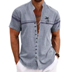OUKU Men's Coconut Tree Tropical Plants Shirt Summer Hawaiian Shirt Aloha Shirt Short Sleeve Shirt Stand Collar Fashion Streetwear Designer Outdoor Vacation Street Blue Purple Green S M L
