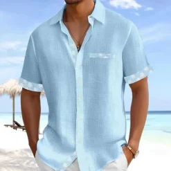 Clearance OUKU Men's Coconut Tree Tropical Plants Summer Hawaiian Shirt Button Up Shirt Aloha Shirt Short Sleeve Hawaiian Vacation Holiday Beach Wear Summer Turndown 3D Print Front One Pocket Linen Like Shirt Pink