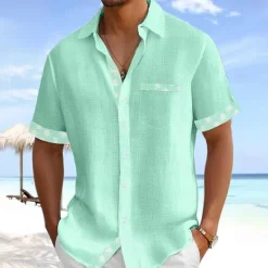 Clearance OUKU Men's Coconut Tree Tropical Plants Summer Hawaiian Shirt Button Up Shirt Aloha Shirt Short Sleeve Hawaiian Vacation Holiday Beach Wear Summer Turndown 3D Print Front One Pocket Linen Like Shirt Pink
