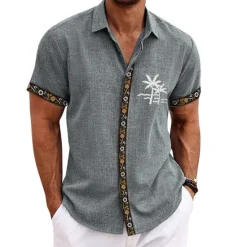 Online OUKU Men's Coconut Tree Tropical Plants Shirt Summer Hawaiian Shirt Aloha Shirt Short Sleeves Shirt Turndown Fashion Designer Casual Outdoor Street Casual Black Green Gray S M L
