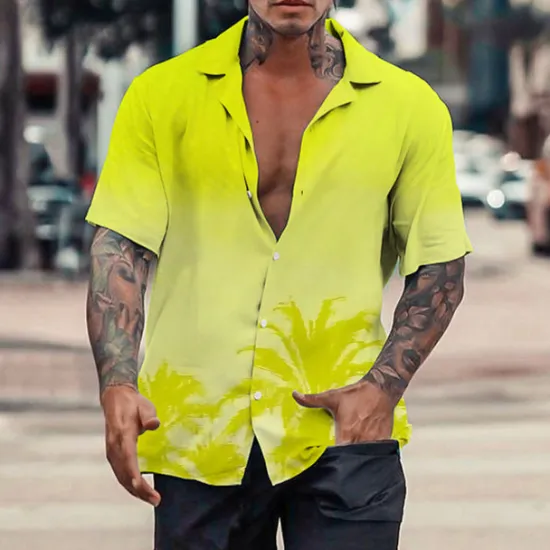 New OUKU Men's Coconut Tree Tropical Plants Shirt Summer Hawaiian Shirt Aloha Shirt Short Sleeve Shirt Turndown Tropical Fashion Hawaiian Casual Hawaiian Holiday Light Yellow Yellow Pink S M L