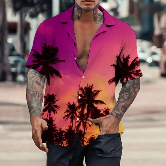 New OUKU Men's Coconut Tree Tropical Plants Shirt Summer Hawaiian Shirt Aloha Shirt Short Sleeve Shirt Turndown Tropical Fashion Hawaiian Casual Hawaiian Holiday Light Yellow Yellow Pink S M L