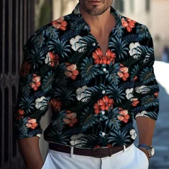 Hot OUKU Men's Coconut Tree Tropical Plants Flowers Shirt Button Down Shirt Hawaiian Shirts Long Sleeve Hawaiian Outdoor Vacation Holiday Summer Spring Turndown 3D Print Collared Shirts Black White Pink Blue