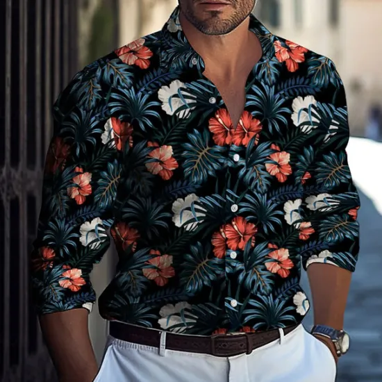 Hot OUKU Men's Coconut Tree Tropical Plants Flowers Shirt Button Down Shirt Hawaiian Shirts Long Sleeve Hawaiian Outdoor Vacation Holiday Summer Spring Turndown 3D Print Collared Shirts Black White Pink Blue