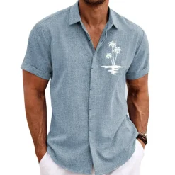 Hot OUKU Men's Coconut Tree Tropical Plants Shirt Summer Hawaiian Shirt Aloha Shirt Short Sleeves Shirt Turndown Fashion Designer Casual Outdoor Street Casual Blue Green Khaki S M L