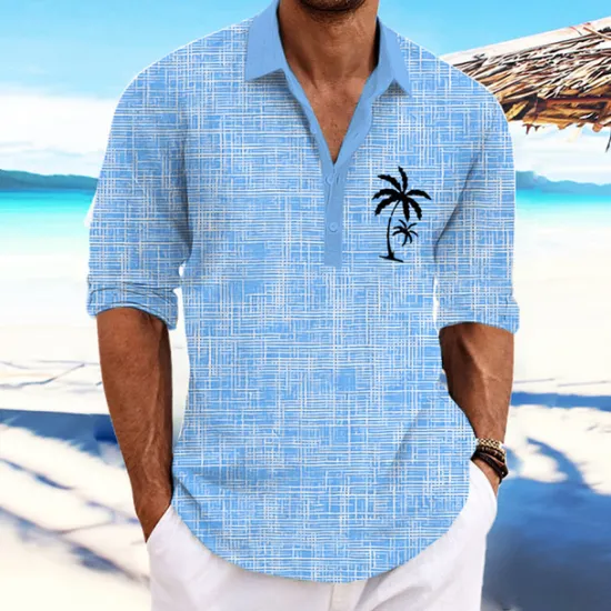 Clearance OUKU Men's Coconut Tree Tropical Plants Shirt Summer Hawaiian Shirt Aloha Shirt Long Sleeve Shirt Stand Collar Fashion Streetwear Designer Outdoor Street Casual Pink Blue Green S M L