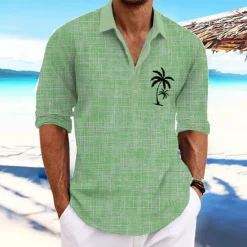 Clearance OUKU Men's Coconut Tree Tropical Plants Shirt Summer Hawaiian Shirt Aloha Shirt Long Sleeve Shirt Stand Collar Fashion Streetwear Designer Outdoor Street Casual Pink Blue Green S M L
