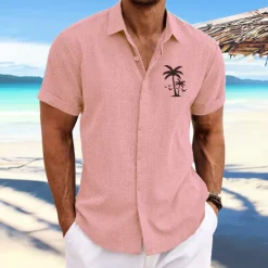 Outlet OUKU Men's Coconut Tree Tropical Plants Shirt Summer Hawaiian Shirt Aloha Shirt Short Sleeves Shirt Turndown Fashion Designer Casual Outdoor Street Casual White Pink Blue S M L