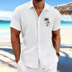 Outlet OUKU Men's Coconut Tree Tropical Plants Shirt Summer Hawaiian Shirt Aloha Shirt Short Sleeves Shirt Turndown Fashion Designer Casual Outdoor Street Casual White Pink Blue S M L