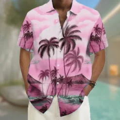 Hot OUKU Men's Coconut Tree Tropical Plants Summer Hawaiian Shirt Button Up Shirt Aloha Shirt Short Sleeve Hawaiian Vacation Beach Wear Summer Spring Turndown 3D Print Collared Shirts Pink Blue Purple Orange