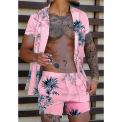 Discount OUKU Men's Coconut Tree Tropical Plants 2pcs Shirts Sets Summer Hawaiian Shirt Short Sleeve Short Pants Turndown Tropical Fashion Hawaiian Street Casual Holiday Print Summer Spring Yellow Pink Blue