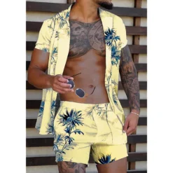 Discount OUKU Men's Coconut Tree Tropical Plants 2pcs Shirts Sets Summer Hawaiian Shirt Short Sleeve Short Pants Turndown Tropical Fashion Hawaiian Street Casual Holiday Print Summer Spring Yellow Pink Blue