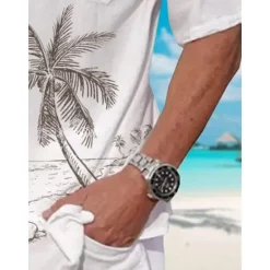 Discount OUKU Men's Coconut Tree Tropical Plants Shirt Summer Hawaiian Shirt Aloha Shirt Short Sleeves Shirt Turndown Tropical Fashion Hawaiian Outdoor Street Hawaiian Black White Light Green S M L