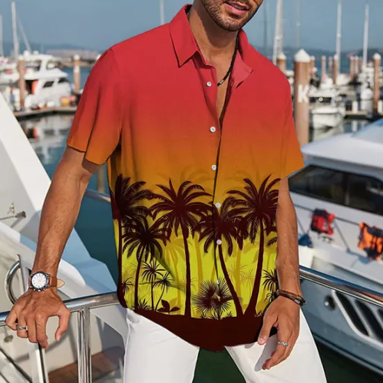Discount OUKU Men's Coconut Tree Tropical Plants Shirt Summer Hawaiian Shirt Aloha Shirt Short Sleeves Shirt Turndown Tropical Sports Streetwear Street Casual Daily Black Yellow Pink S M L