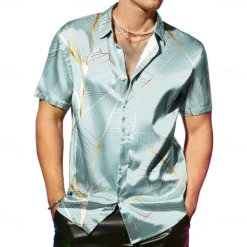 OUKU Men's Coconut Tree Tropical Plants Satin Shirt Dress Shirt Button Up Shirt Short Sleeve Fashion Casual Vacation Party Evening Wear Daily Summer Spring Turndown Collared Shirts Button Up 3D Print Pink
