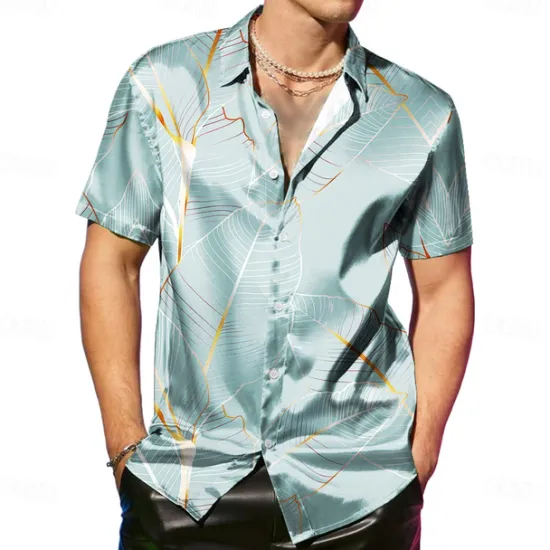 OUKU Men's Coconut Tree Tropical Plants Satin Shirt Dress Shirt Button Up Shirt Short Sleeve Fashion Casual Vacation Party Evening Wear Daily Summer Spring Turndown Collared Shirts Button Up 3D Print Pink