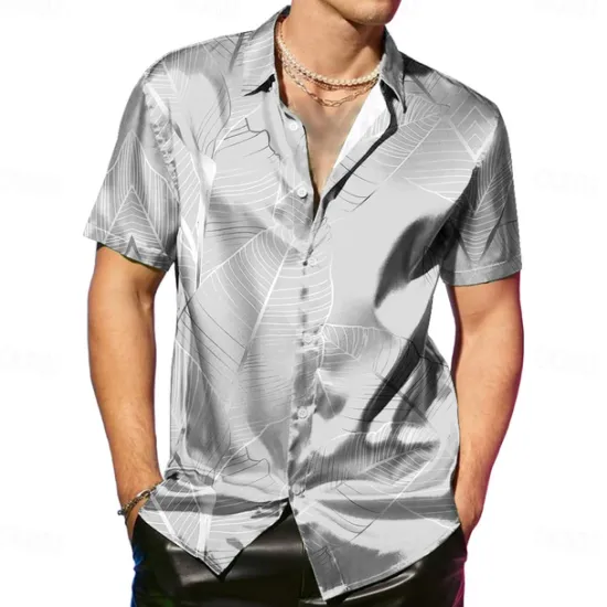 OUKU Men's Coconut Tree Tropical Plants Satin Shirt Dress Shirt Button Up Shirt Short Sleeve Fashion Casual Vacation Party Evening Wear Daily Summer Spring Turndown Collared Shirts Button Up 3D Print Pink