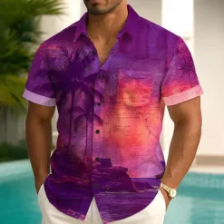 Outlet OUKU Men's Coconut Tree Tropical Plants Summer Hawaiian Shirt Button Up Shirt Aloha Shirt Short Sleeve Hawaiian Holiday Beach Wear Summer Spring Turndown 3D Print Collared Shirts Front One Pocket Blue