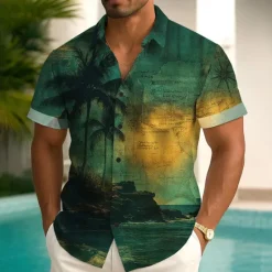 Outlet OUKU Men's Coconut Tree Tropical Plants Summer Hawaiian Shirt Button Up Shirt Aloha Shirt Short Sleeve Hawaiian Holiday Beach Wear Summer Spring Turndown 3D Print Collared Shirts Front One Pocket Blue