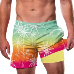 Outlet OUKU Men's Coconut Tree Tropical Gradient Color Lined Shorts 2 in 1 Board Shorts Swim Shorts Mid Waist Hawaiian Vacation Side Pockets With Compression Liner Elastic Drawstring Waist Designer Clothing